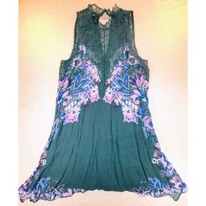 Free People Marsha Teal Green Lace Mock Neck Mini Slip Dress Tunic Size XS